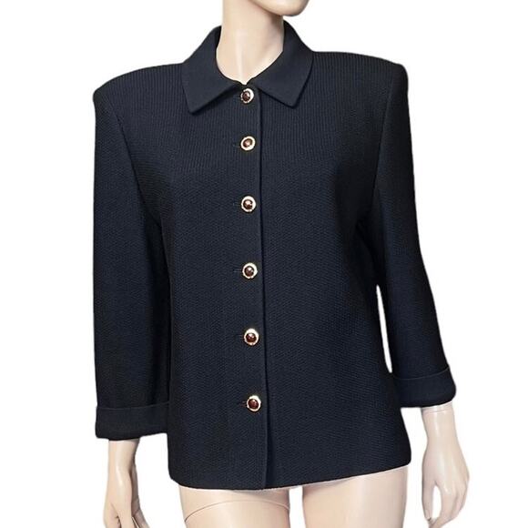 St John Collection Knit Black Luxury Jacket Gold and Amber Buttons Size 14